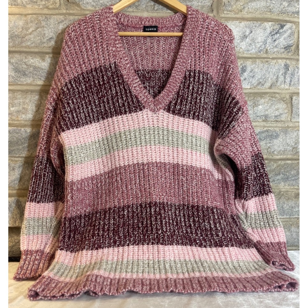 Torrid Pink Burgundy Striped Ribbed Knit V-Neck Pullover Sweater Plus Size